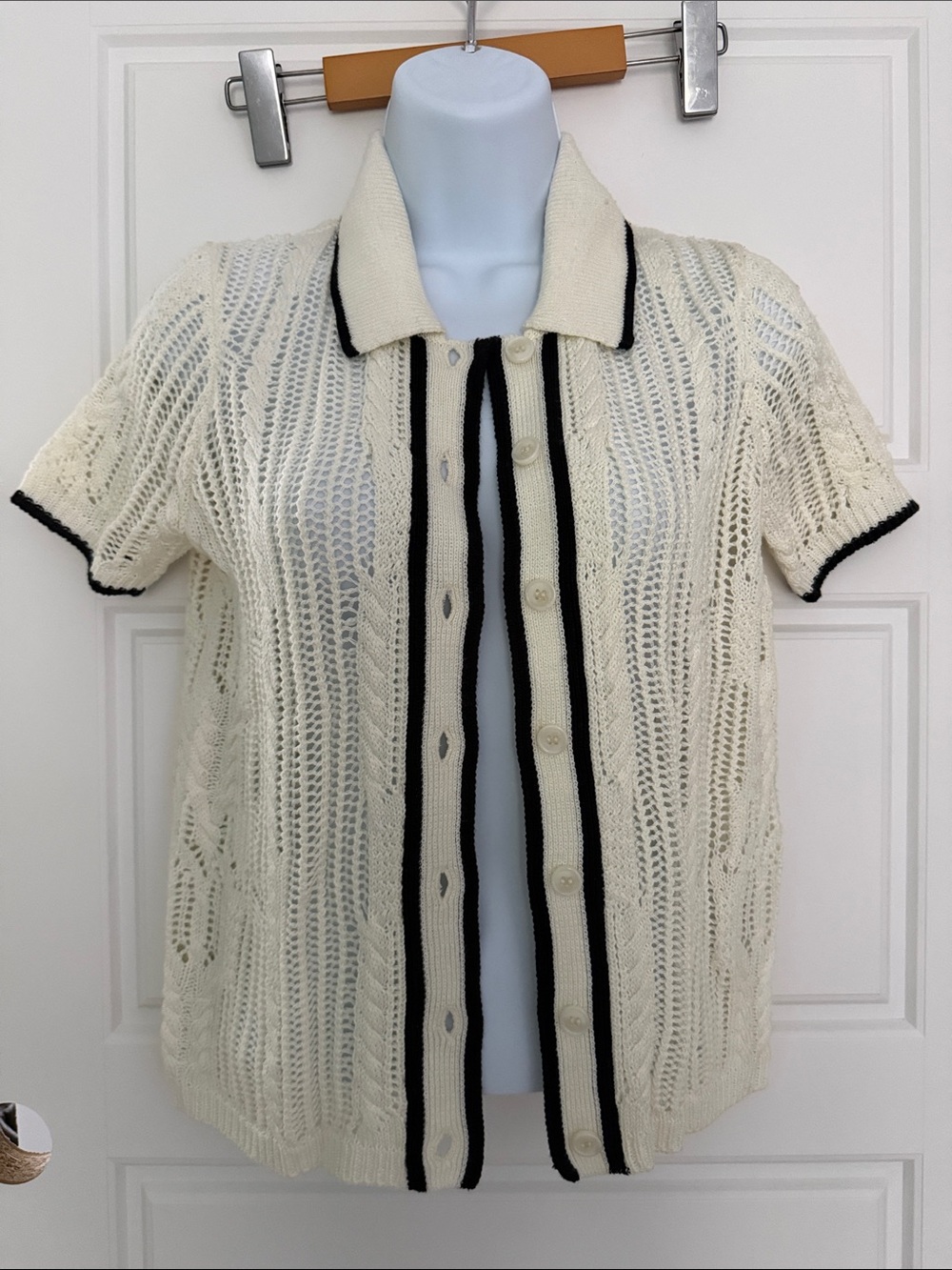 Jason Wu Cream Short-Sleeve Openwork Knit Cardigan with Black Trim